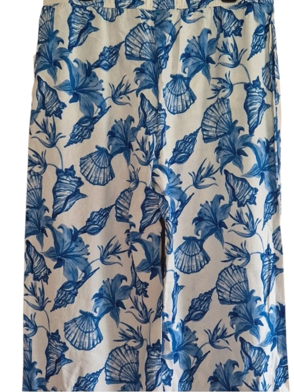 KATHERINE BARCLAY Blue Shell-Print Linen Blend Relaxed Fit Pants—Multi Sizes NWT